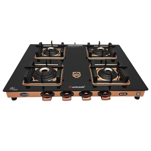 Image of Unicook Coral Cuba 4 Burner Gas Stove | Manual Ignition | 6mm Glass | Brass Burners | ISI Certified | Rose Gold Frame | 3 Years Warranty on Glass & Burners + 2 Year Comprehensive Warranty