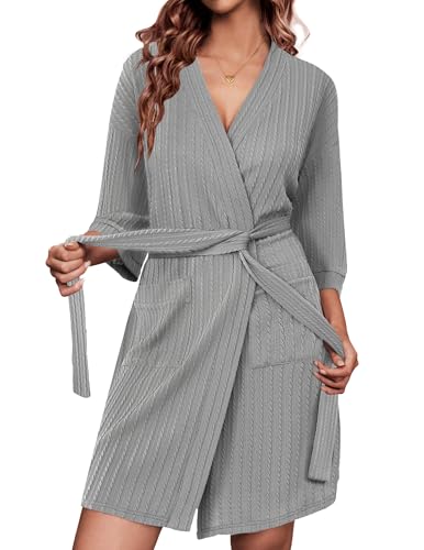 Image of Ekouaer Waffle Robes for Women Bathrobe Lightweight Knee Length 3 /4 Sleeve Knit Bath Robes Female Loungewear with Pockets
