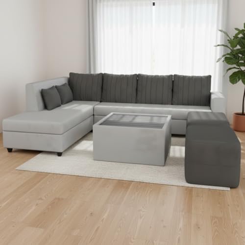 Image of CASASTYLE Stylano 8 Seater Fabric LHS L Shape Sofa Set with 1 Centre Table & 2 Ottoman (Dark Grey-Light Grey) 8-Person Seating with Premium Velvet Finish