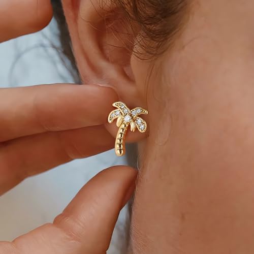 FETTERO Stud Earrings for Women - 14K Gold Plated CZ Hypoallergenic Earrings Studs Dainty Black CZ Leaf Gold Earrings for Women Trendy Statement Jewelry