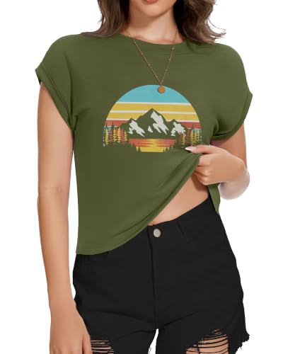 Image of Womens Crop Tops Summer Roll Cap Sleeve Cropped Tshirt Loose Fit Basic Tees