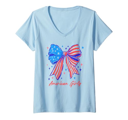 Mujer American Coquette Bow Camisa femenina linda 4 julio USA Patriotic Camiseta Cuello V