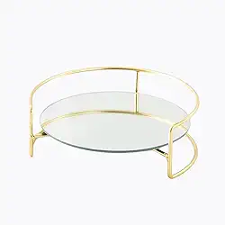 Bandeja Dourada Espelhada Decorativa e para servir chá café comida - Espelhada em Metal FWB Redonda Lavabo Banheiro Porta Perfume Sabonete Toalha Marca MARCAMI
