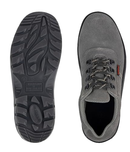 Image of Karam FS64 Suede Grey Leather Safety Shoes for Men | Double Density, Steel Toe | Black PU Mid Sole,|Antistatic, Antislip, Oil & Heat Resistant | Grey