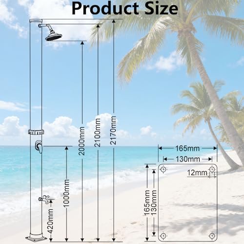 Douche solaire chauffante de 38 L – Douche de piscine extérieure de 2,1 m avec tête pivotante à 360°, douche de pied, contrôle de la température pour jardin, plage et piscine – Noir