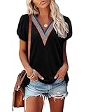 Angerella Short Sleeve V Neck Tunic Tops for Women Causal Summer Black Shirts Loose Fit L