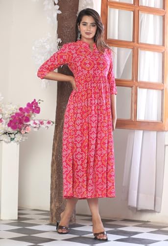 Image of Women's Long Sleeve Floral Print Kurti Dress, Pink