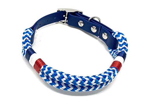 Wau-Effekt Tauhalsband für Hunde - 100% Handarbeit - Halsband - Halsung aus robustem Segeltau mit Biothaneverschluss (M, Blau/Weiß - Blau Weiß Rot)