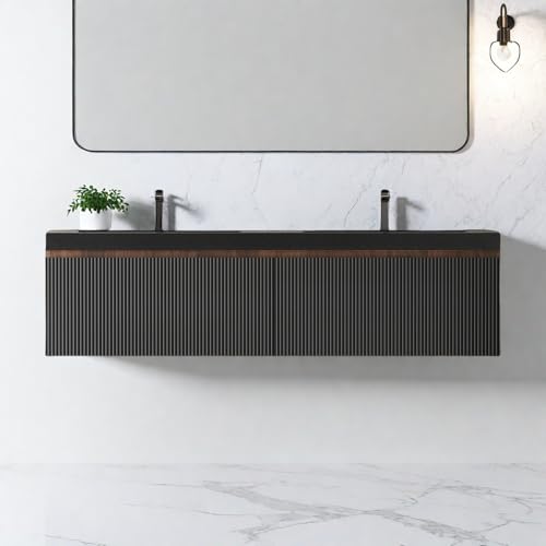 Image of Wall Mounted Bathroom Sink Vanity, Modern 60 inch Floating Vanity with 2 Resin Top Basins and 2 U-Shaped Soft-Close Storage Drawers, Striped Bathroom Storage Cabinet with Invisible Handle, Black