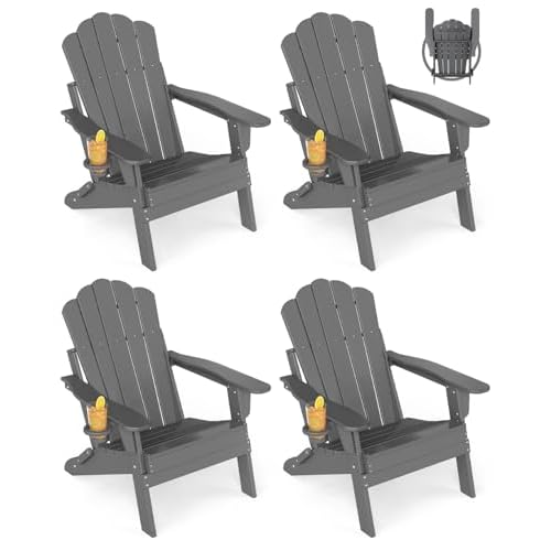 GREENVINES Oversized-Folding-Adirondack-Chairs-Set-of-4 | HDPE Plastic | Cup Holder | Fire Pit Chair | All Weather | for Outdoor Deck Backyard | Grey