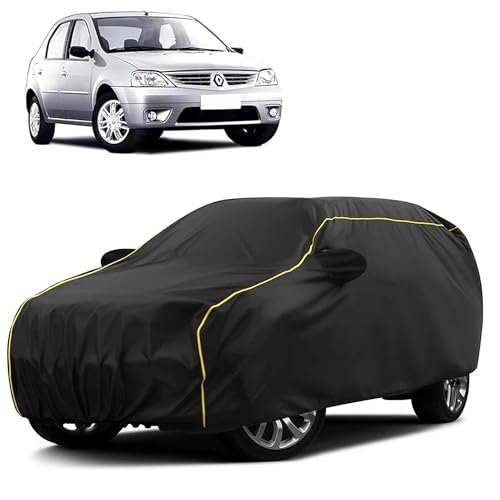 Image of Sulfar 100% Water Resistant Car Body Cover Compatible with Mirror for Renault Logan (Triple Stitched, Full Bottom Elastic, Black Taffeta with Yellow Piping)