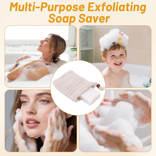 2 x Sisal Soap Bags for Shower, Natural Sisal Exfoliating Soap Bags for Foaming with Drawstring for Drying Soaps and Exfoliation — view 3