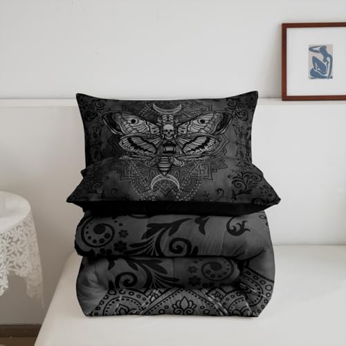 Image of Feelyou Boys Girls Black Moth Damask Bedding Set Toddler Size, Gothic Comforter Set Kids Death Moth Bohemia Boho Duvet Insert Teens Bedroom Decor Microfiber Bed Set
