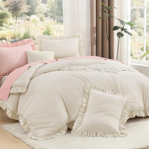 Image of Litanika Comforter Full Size Set Beige, 3 Pieces Ruffle Lightweight Bedding Comforter Set, Fluffy Bed Set (79x90In Comforter, 2 Pillowcases)