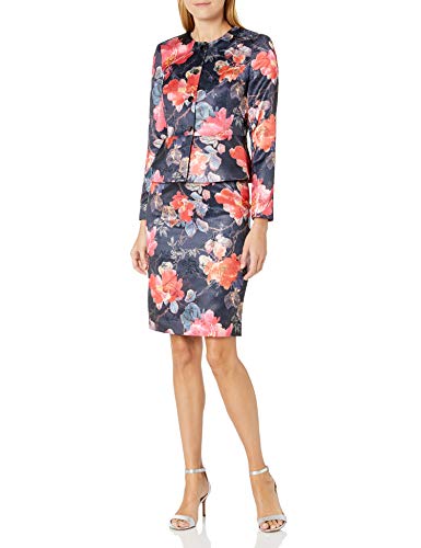 Tahari ASL Women's 4 Button Jacket and Pencil Skirt Suit, Navy Pink Floral Jacquard