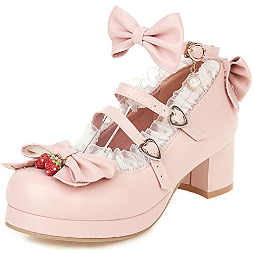 Parisuit Womens Mary Jane Chunky Heel Platform Pumps Bowtie Heart Strap Lace Kawaii Maid Shoes2
