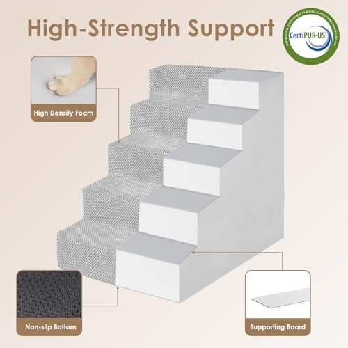 Image of EHEYCIGA Dog Stairs for High Bed 25 inch H, 5-Step Extra Wide Dog Steps for Bed, Pet Steps for Small Dogs and Cats, Non-Slip Balanced Pet Ramp Indoor, Light Grey