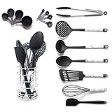 Black Cooking Utensils With a Modern Look of Marble Utensil Holder Included - Marble Kitchen Accessories. 16-Piece Nylon Cooking Utensils Set with Holder incl. Black Measuring Spoons and Cups Set