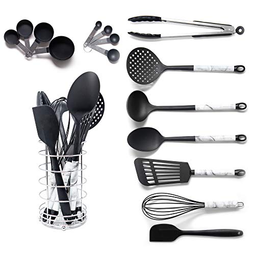 Black Cooking Utensils With a Modern Look of Marble Utensil Holder Included - Marble Kitchen Accessories. 16-Piece Nylon Cooking Utensils Set with Holder incl. Black Measuring Spoons and Cups Set