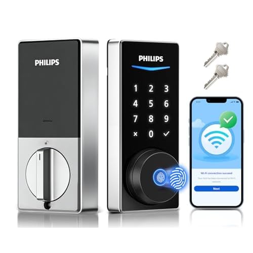 Philips Built-in WiFi Smart Lock, Keyless Entry Door Lock with App, Touchscreen Fingerprint Door Lock, Compatible with Alexa & Google, Splash-Proof, I