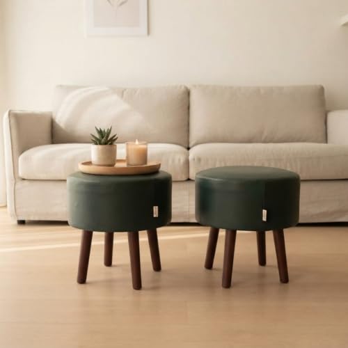 Image of Stool Ottoman Pouffes for Living Room, Kitchen, Home, Office Furniture with Soft Cotton Cushion Mudda Footrest Stool for Chair Sofa Bed Dressing Decor, Green Leather (17 Inch Pack of 2)