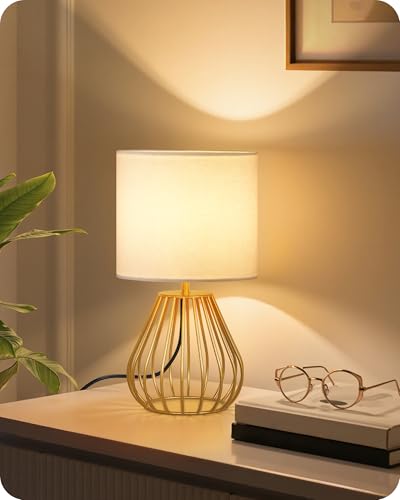 GOEBLESON Gold Table Lamp Small Gold Bedside Lamp with Metal Base & White Linen Lampshade Modern Nightstand Lamp Little Cute Desk Lamp for Bedroom Living Room 2700K LED Bulb Included DCW06TL05