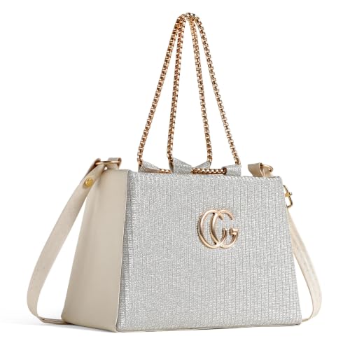 Image of Women's Tote Bag, Silver Glitter Fabric with Gold Chain Handle, Crossbody Strap (Silver)