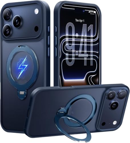 Image of DIZORO Silicone Magnetic Ring Stand Compatible for iPhone 17 Pro Max Case [Military Drop Protection] [Compatible with MagSafe] Shockproof Case Matte Translucent Slim Phone Case - (Blue)