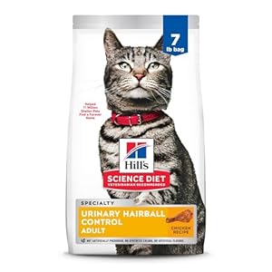 Hill’s Science Diet Urinary Hairball Control, Adult 1-6, Urinary Track Health & Hairball Control Support, Dry Cat Food, Chicken Recipe, 7 lb Bag