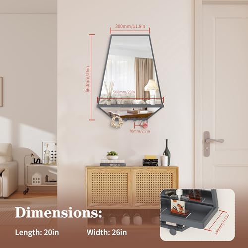 Image of BEAUTME 26x20 inch Bathroom Mirror with Shelf, Irregular Hexagonal Metal Wall Mirrors with Hooks, Bathroom Vanity Mirror Farmhouse, Wall Mounted Mirror Decor for Living Room Bedroom Entryway (Grey)