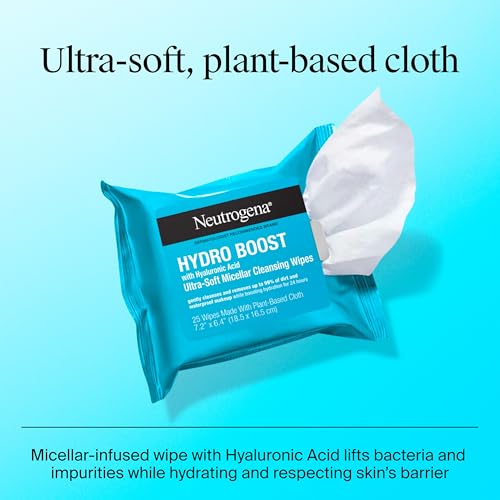 Image of Neutrogena Hydro Boost Ultra-Soft Micellar Cleansing Wipes with Hyaluronic Acid, Hydrating Makeup Remover Wipes Remove Dirt & Waterproof Makeup, Hypoallergenic, Plant-Based Cloth, 2 x 25 ct
