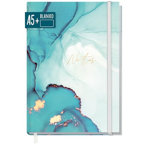 paper&you® Notizbuch A5+ blanko mit Gummiband 'Smaragd Gold' 156 Seiten, 78 Blatt - als Journal Skizzenheft Skizzenbuch Tagebuch Notizheft - nachhaltig & klimafreundlich