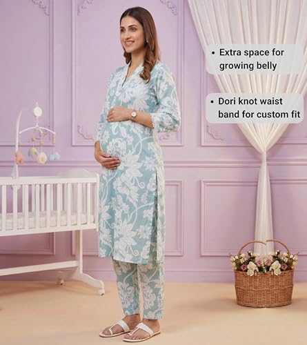 Image of DUMMY SHAPE Maternity Dresses for Women Cotton | Floral Kurta Pant Dupatta Set with Nursing Zippers, Side Pocket | Pre & Post Pregnancy | Feeding Kurti Suit | Baby Shower | Gifts for Pregnant Woman
