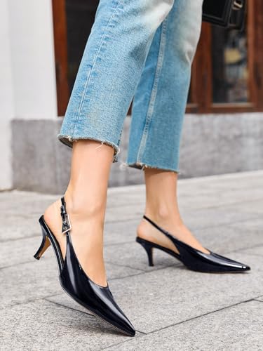 Image of Coutgo Womens Slingback Heels Kitten Low Heel Dress Shoes Closed Pointed Toe Buckle Pumps Work Wedding Shoes