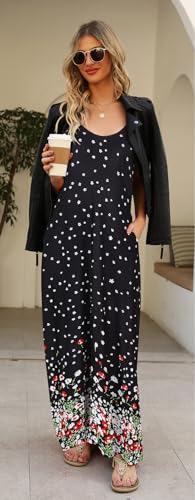 Image of Supnier Women's Summer Maxi Dress Casual V-Neck Sleeveless Bohemian Spaghetti Strap Floral Long Maxi Dress with Pockets