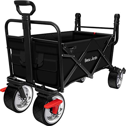 BEAU JARDIN Folding Wagon Cart With Brake Free Standing Collapsible Utility Camping Grocery