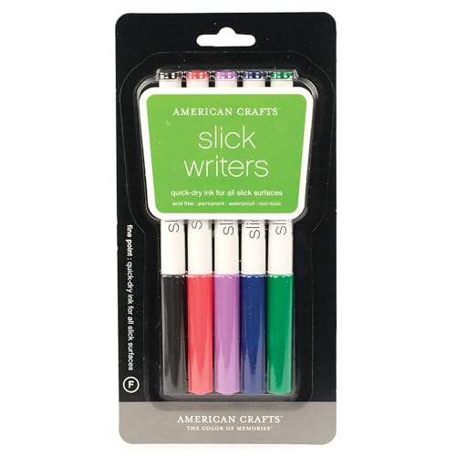 American Crafts Slick Writer Marker Pens 5/Pkg-Fine Point-Black/Blue/Red/Green/Purple