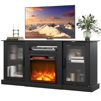 WLIVE Fireplace TV Stand for 65" TV, Entertainment Center with 18 Inch Electric Fireplace, TV Console with Open Shelves for Living Room, Rustic Brown