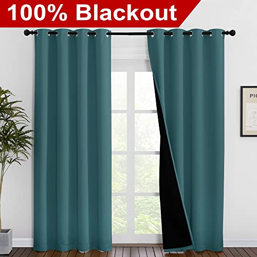 Image of NICETOWN Complete 100% Blackout Curtain Set, Thermal Insulated & Energy Efficiency Window Draperies for Guest Room, Full Shading Panels for Shift Worker and Light Sleepers, Sea Teal, 55W x 86L, 2 PCs