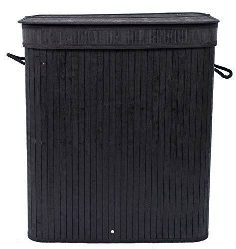 Birdrock Home Double Laundry Hamper With Lid And Cloth Liner - Bamboo - Black - Easily Transport Laundry Basket - 2 Section Collapsible Hamper - String Handles #TOP5