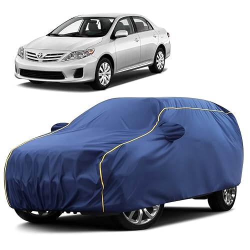Image of Sulfar 100% Water Resistant Car Body Cover Compatible with Mirror for Toyota Corolla (Triple Stitched, Full Bottom Elastic, Blue Taffeta with Yellow Piping)