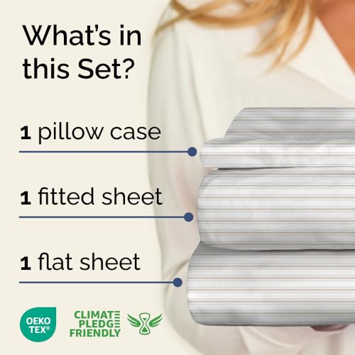 Image of Twin XL 3 Piece Striped Sheet Set - Breathable & Cooling - French Country