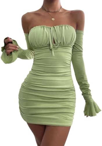 Womens Sexy Long Sleeve Ruched Bodycon Mini Dresses Off Cold Shoulder Flounce Sleeve Tie Front Short Party Club Dress Mint Green XS