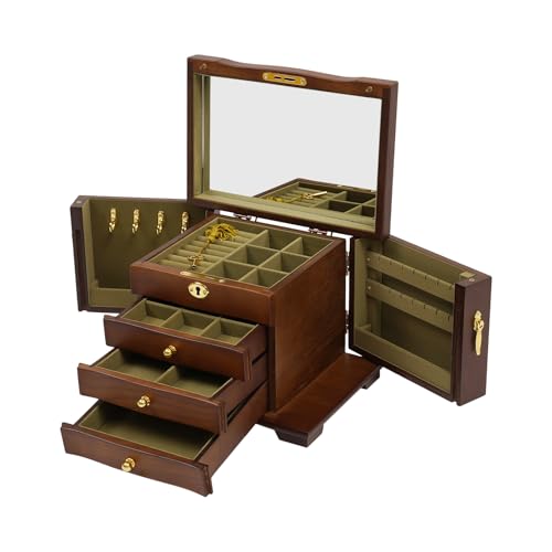 Boîte à bijoux vintage en velours avec 4 tiroirs et tiroirs extensibles Boîte à bijoux avec miroir et serrure pour bagues, colliers