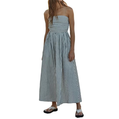 Vestido largo a rayas para mujer, vestido de tubo con cintura caída, sin tirantes, espalda descubierta, vestido de verano largo con fruncido, Negro, S