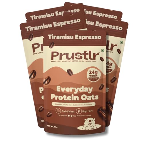 Prustlr Protein Oats - Tiramisu Espresso 60g | 24g Protein per Serve (with added Milk) | Gluten-Free and Guilt-Free | Sweetened with Monk Fruit | No Added Preservatives | Overnight Oats or Instant (Pack of 5)