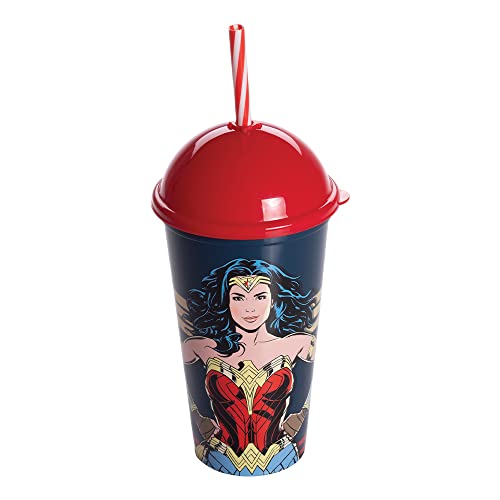Plasútil Mulher Maravilha Copo Shake com Tampa e Canudo, Azul, 500 ml