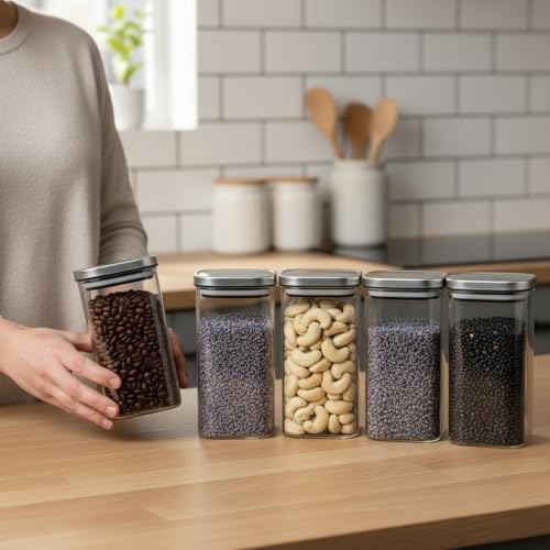 Image of ginoya brothers Airtight Borosilicate Glass Square Jar With Wooden Or Steel Lid Multi-Size, Container for Spices, Coffee, Grains, Snacks & Kitchen Organization (4, STEEL LID, 420 ML)