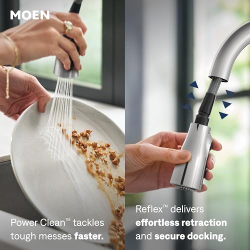 Image of Moen Adler Chrome One-Handle High Arc Kitchen Sink Faucet with Power Clean, Modern Kitchen Faucet with Pull Down Sprayer, 87233