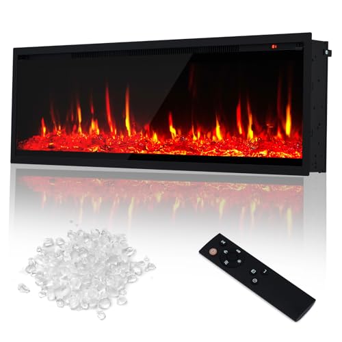 50'' Electric Fireplace - Recessed & Wall Mounted with Log & Crystal Inserts | Adjustable Flame Color/Speed/Brightness, 750/1500W Heater, Remote Control & Touch Screen, Built-in Timer, Low Noise